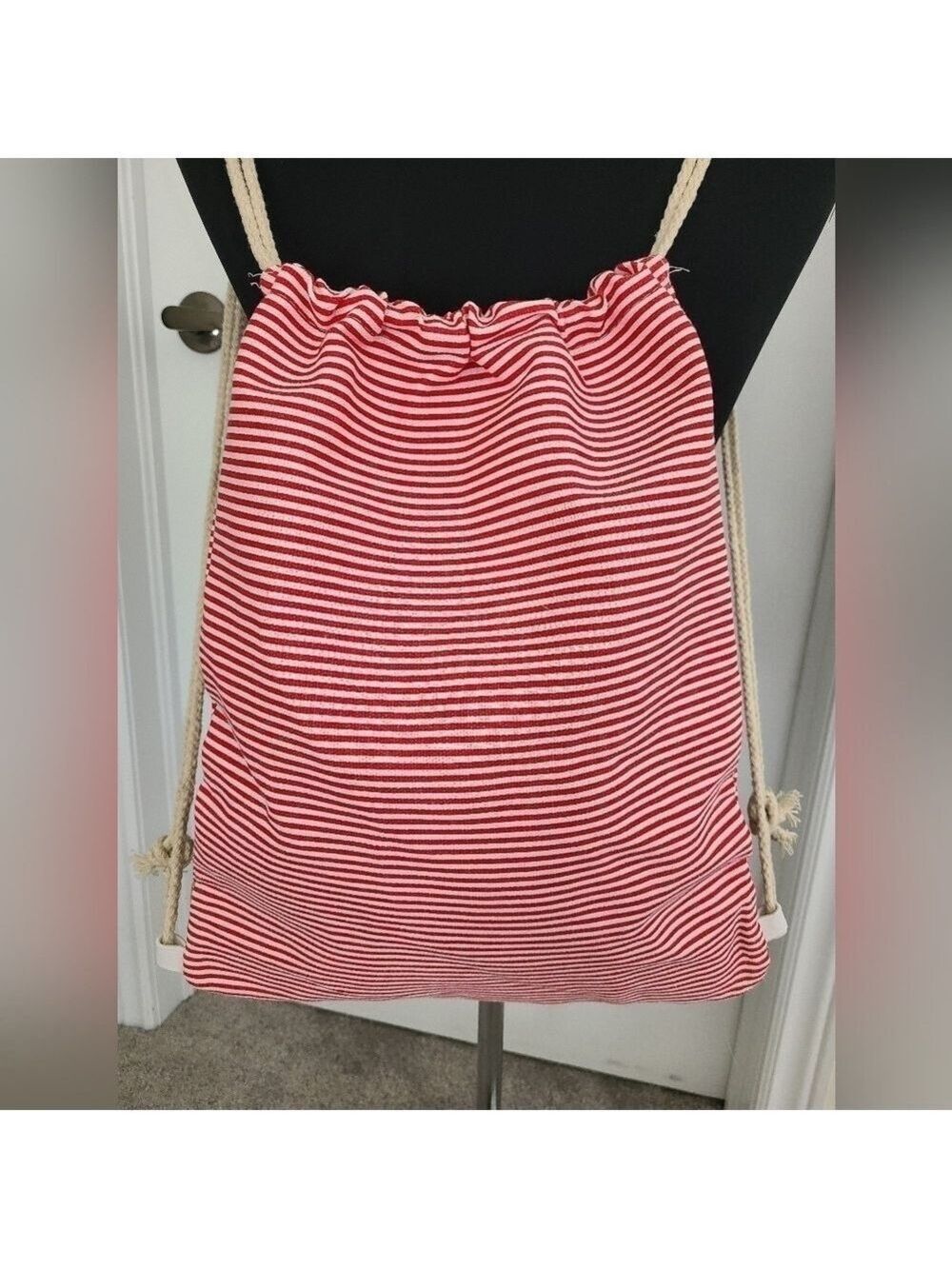 Trïbe Canvas & Rattan Nautical Red & White Striped Drawstring Backpack … - Picture 3 of 6